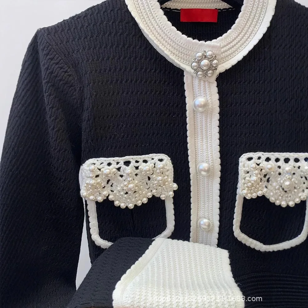 Luxury Pearls Beaded Knitted Cardigan Spring Hooked Flowers Crocheted Sweater Coat Jacket Knitwear Jumpers Contrast Color Tops