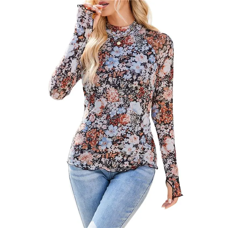 

Женская кружевная блузка с длинными рукавами, цветочным принтом и воротником-стойкой для прогулок