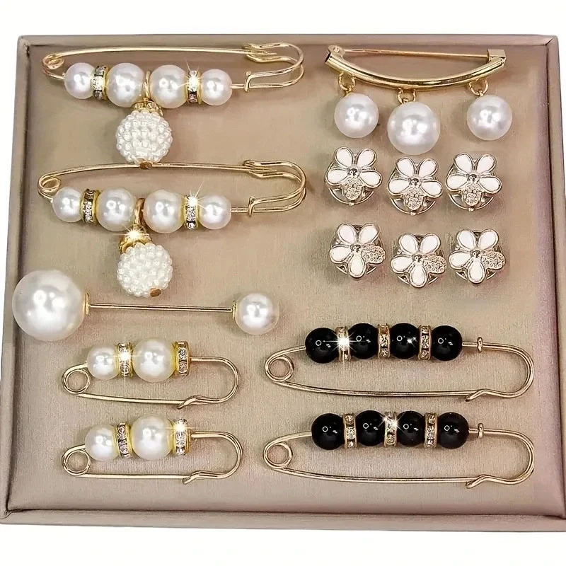14pcs Elegant Faux Pearl Brooch Set, Alloy and Plastic, Irregular Shape, Suitable for Dresses, Hats Scarves, Etc.