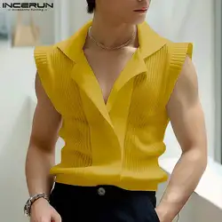 INCERUN Men Shirt Knitted Patchwork Lapel Sleeveless Summer Men Clothing Streetwear 2024 Fashion Korean Casual Male Shirts S-5XL