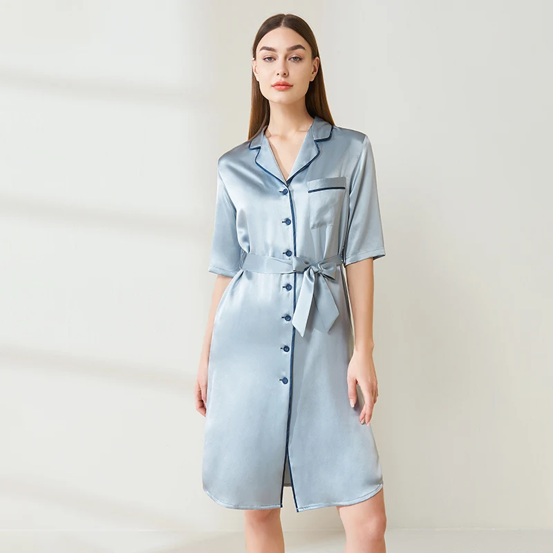 19MM 100% Mulberry Silk Belted Chemise Nightdress Button Down Midi Nightgown Lapel Cardigan Robe Side Split Sexy Morning Gown PJ