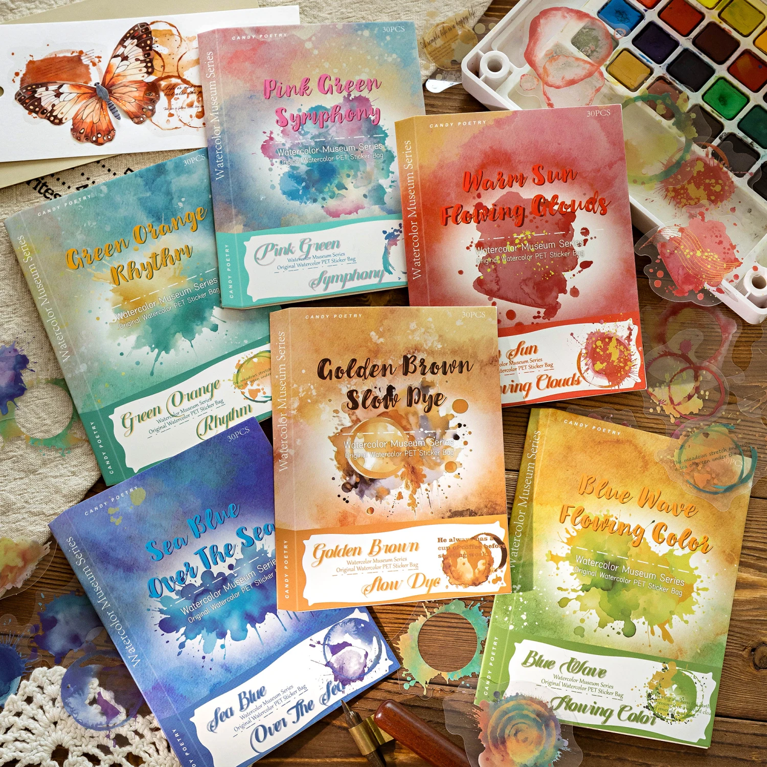 30 Blätter/Beutel PET Aufkleber Tasche Aquarell Blending Aufkleber Hand Konto Collage Material Für Grußkarte Notebooks Dekoration