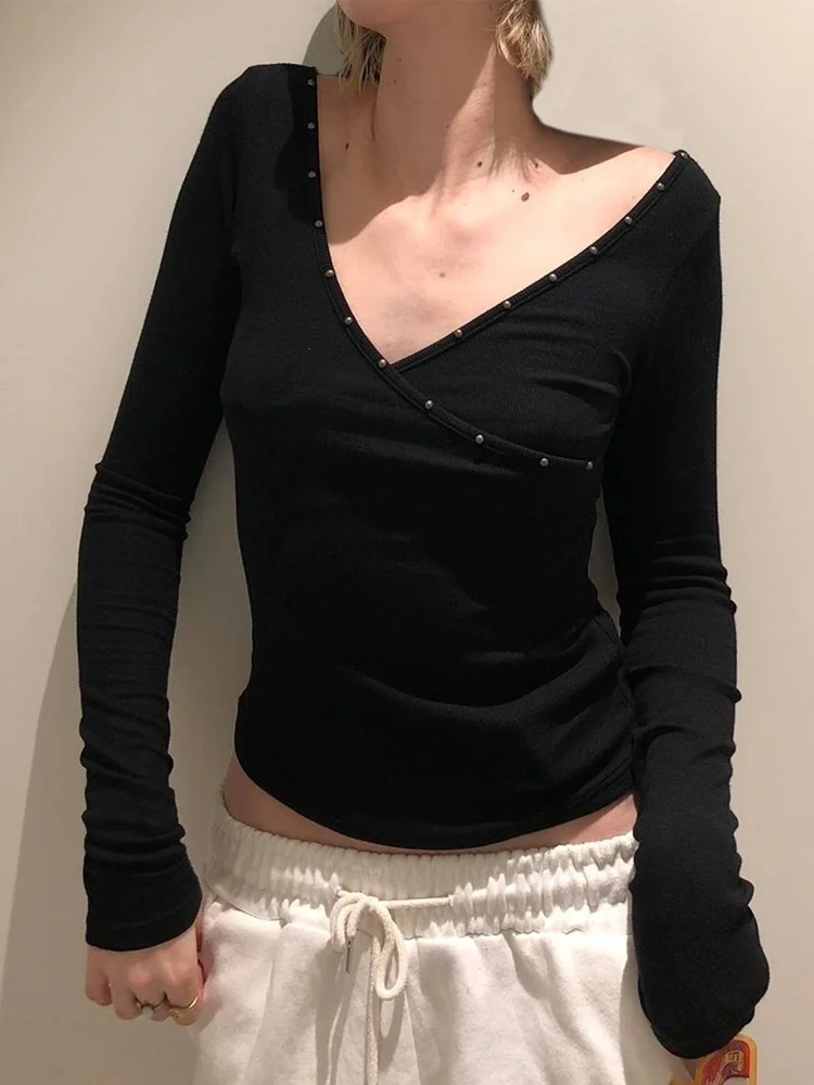 Women Black Long Sleeve Top Y2K Off Shoulder Deep V Neck Wrap Slim Fit Studded Casual Streetwear Fashion T Shirt for Autumn