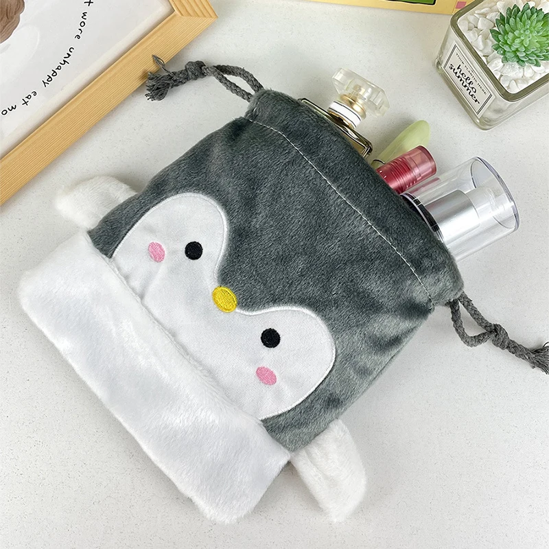 New Cartoon Penguin Plush Drawstring Bundle Pocket Portable Plush Bag Large Capacity Handbag Casual Lightweight Travel Pouch