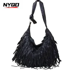 Women Genuine Leather Shoulder Bag Soft Casual Dumplings Bag Large Capacity Tassels Crossbody Bags for Ladies Bolsos De Mujer