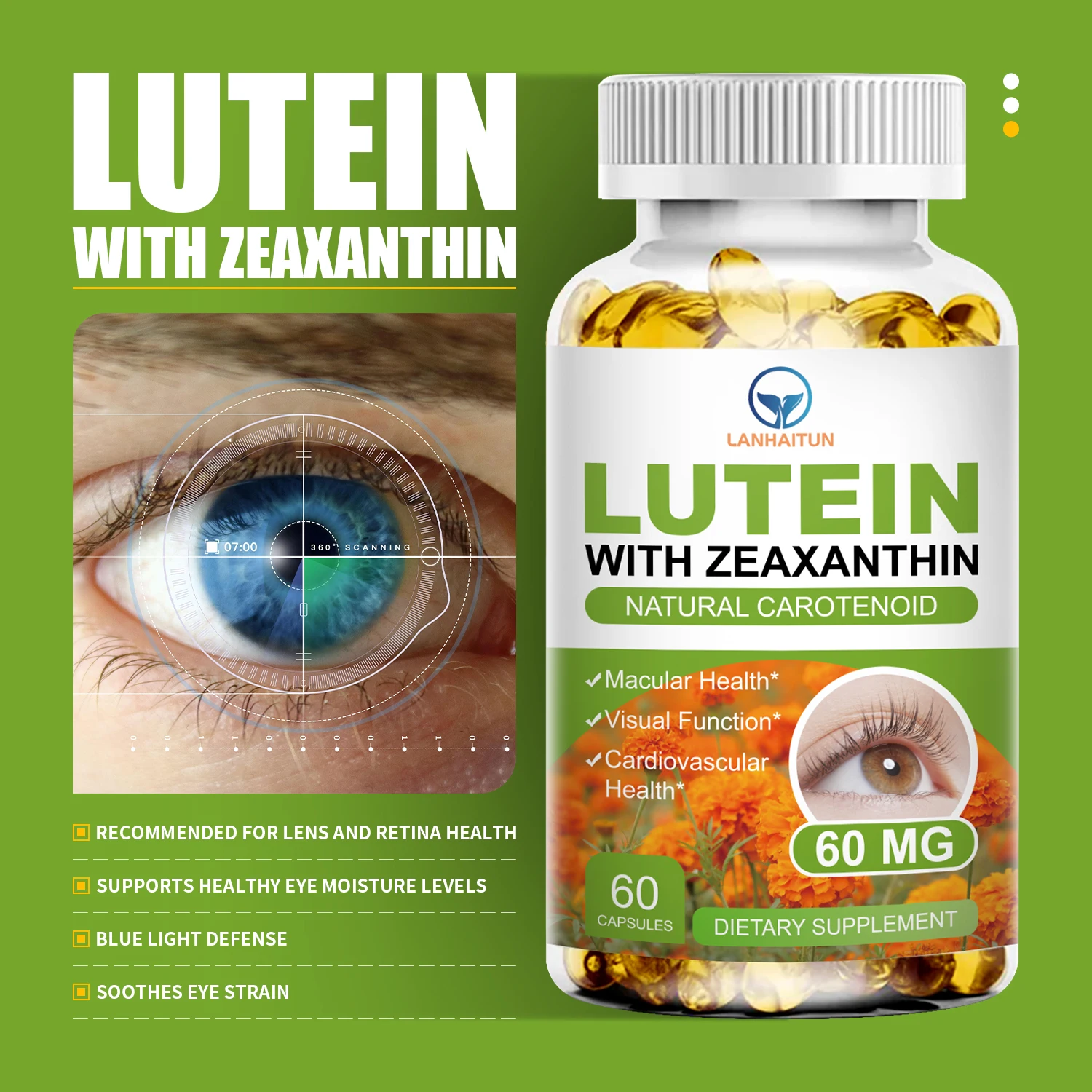 LANHAITUN Lutein 60MG dengan suplemen kesehatan Zeaxanthin & vitamin perawatan mata, non-gmo & bebas zat perekat, mendorong fungsi Visual