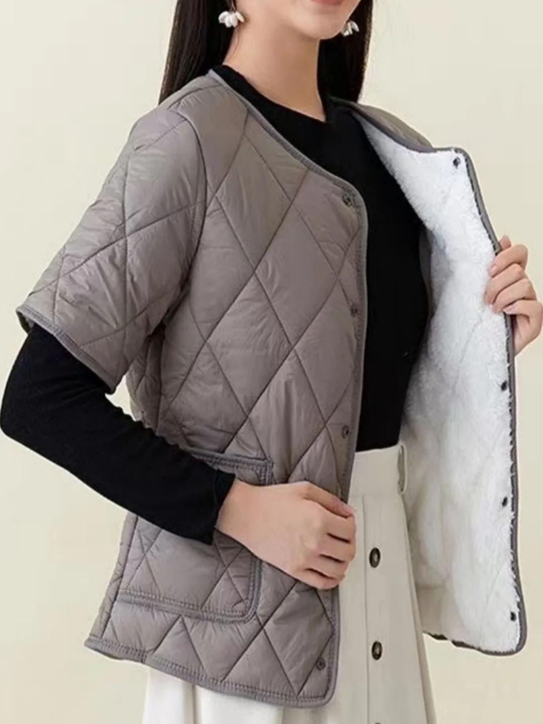 

Lightweight Fce Lined ort Sve Cotton Jaet Women's Spring Autumn Versatile Inner Wear No Collar Casual Diamond Patte...