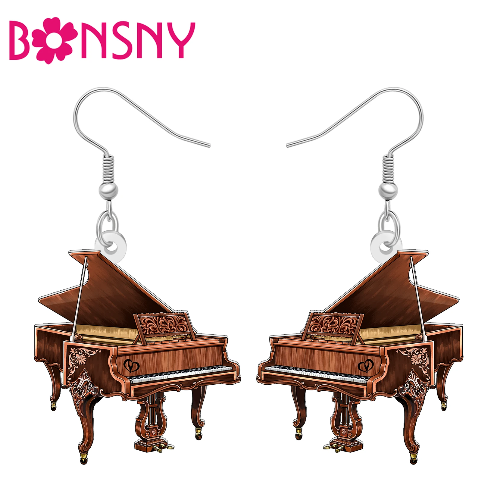BONSNY Acrylic Classic Wood Grand Piano Dangle Earrings Musical Instrument Jewelry Retro Gifts For Pianist Women Teens Charms