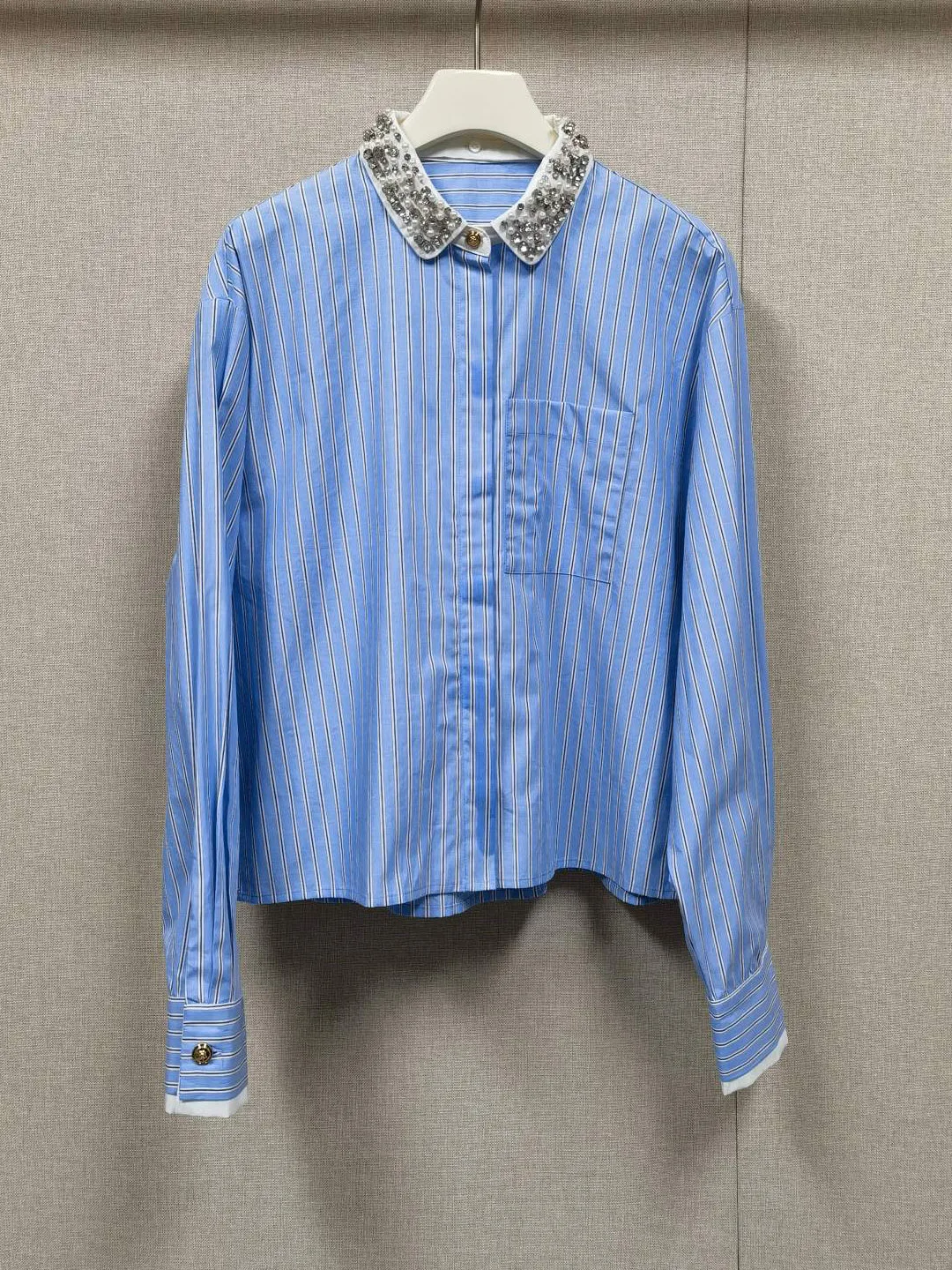 

Summer Spring Diamond Embedded Cotton Long Sve irt Casual Sle Square Collar Striped Women's Top DBNY