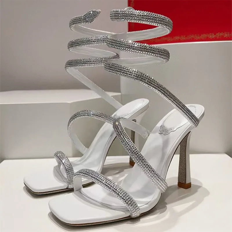 

Summer High Heels Sandals Woman Rhinestone Snake Twine Around Ankle Strap Party Shoes Women Heeled Gladiator Sandals Women