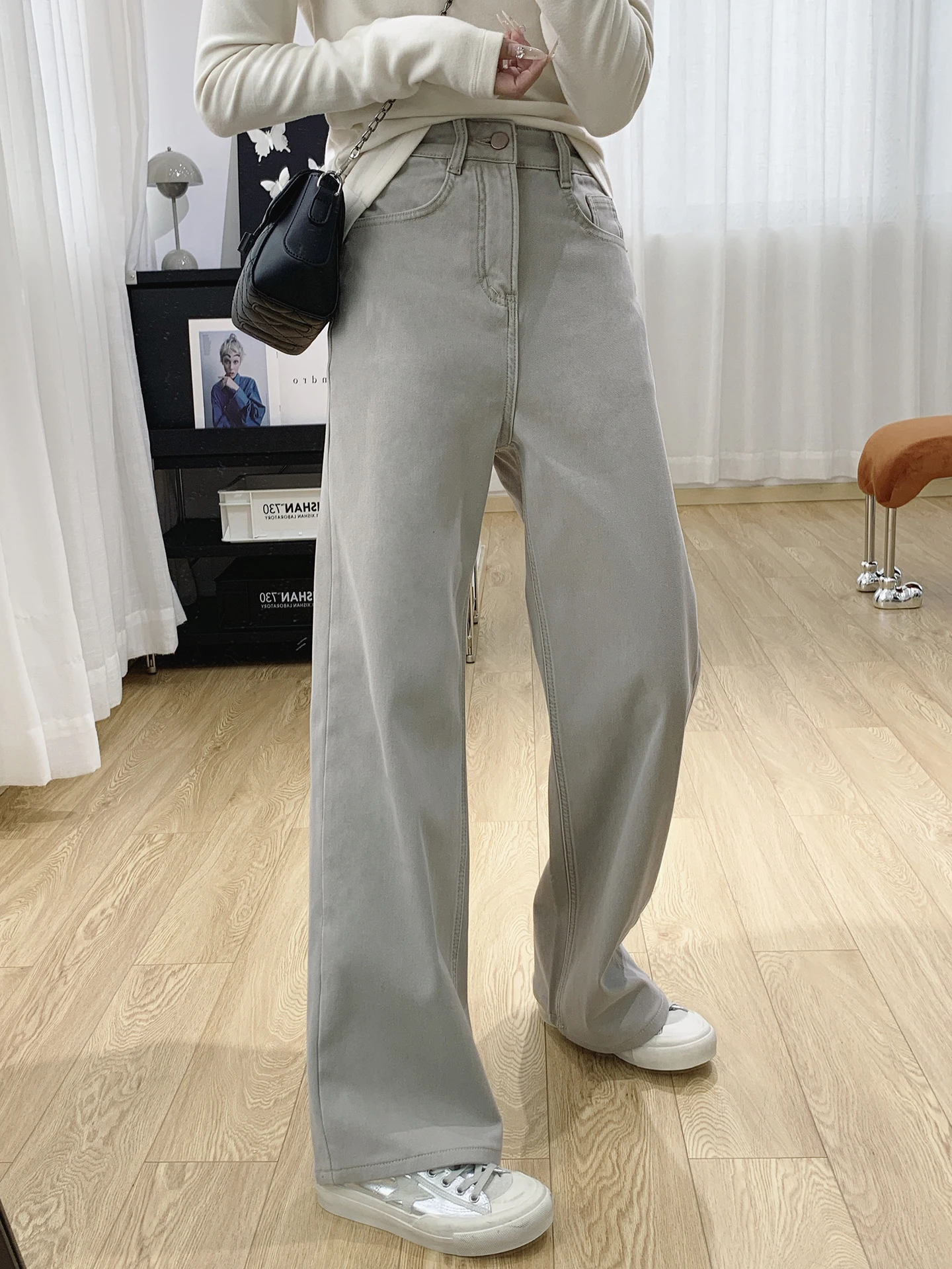 

Широкие брюки с высокой талией на подкладке, женские свободные джинсы длиной до пола, осень-зима, повседневные хлопковые эластичные джинсы с четырьмя сторонами