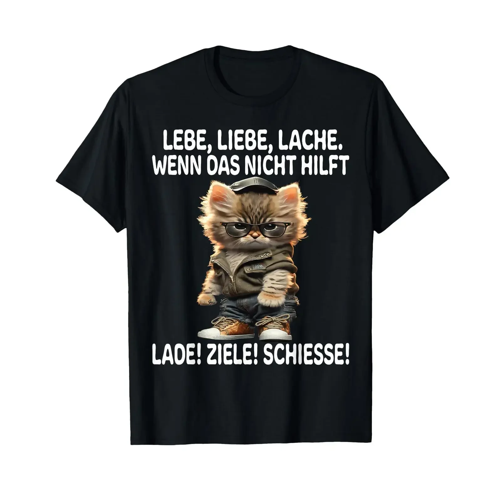 T Shirt with German Text Lebe Liebe Lache Wenn Nicht hilft Lade Ziele Schiesse Katzen vintage Washed Casual Breathable