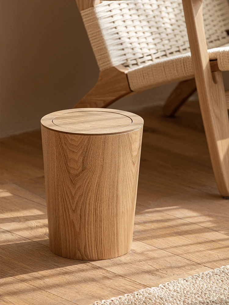 Wooden Wastebasket Minimalist Trash Bin Creative Garbage Bin Nordic Waste Storage Living Room Bedroom with Lid Flip Paper Basket
