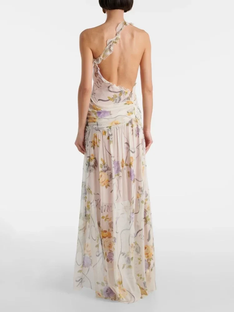 เดรสยาวลายพิมพ์เปิดไหล่ข้างเดียวสำหรับฤดูร้อน ดีไซน์เว้าหลัง แขนกุด แต่งระบายดอกไม้ ผ่าข้าง ทรงเข้ารูป เหมาะสำหรับงานปาร์ตี้ตอนเย็น