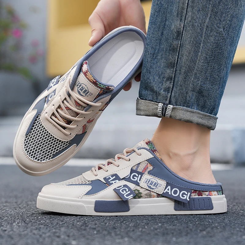 Trendy Men Mesh Half Slides Closed Toe Beach Sandals Lightweight Breathable Slip On Lazy Shoes Outdoor Casual Footwear for Summe
