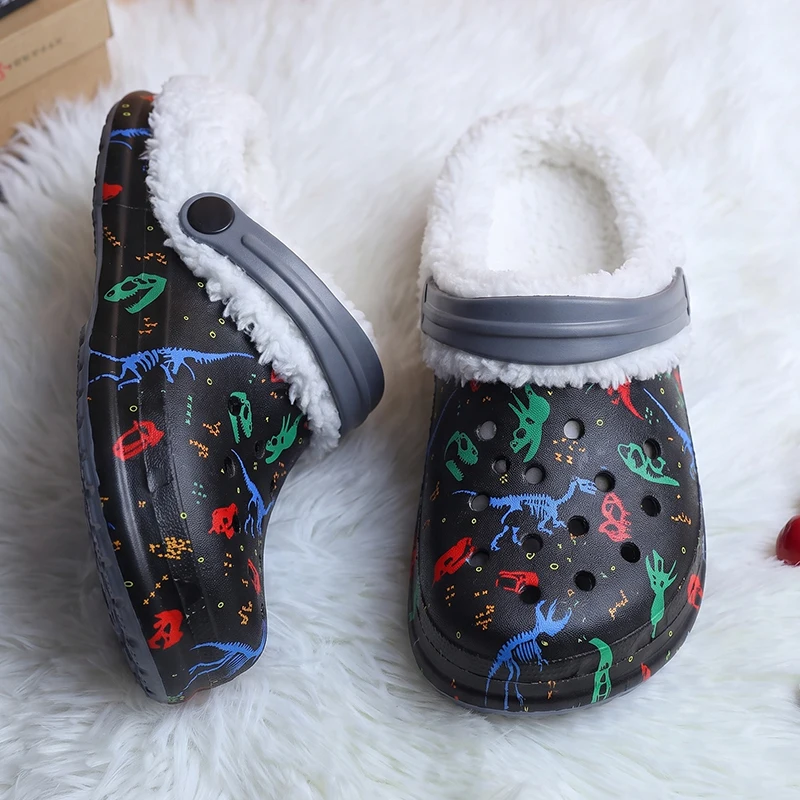 Winter Cartoon Dinosaur Hole Clog Removable Fleece Liner Cotton Warm Anti Slip Indoor Home Slippers for Boys Girls Outdoor Shoes