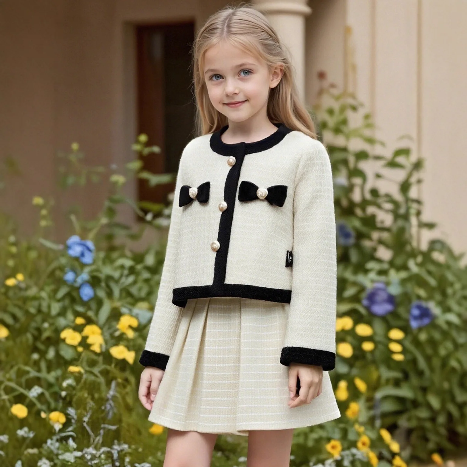 New Little Girls' Tweed Blazer Jacket with Matching Skirt Set Children's Outfit Trendy Kids' Fashion Elegant Two Piece Sets