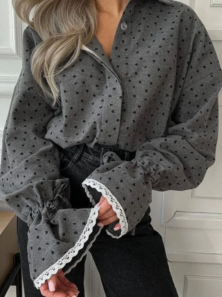 

Women's Elegant A-line Printed Blouse Trendy Heart Polka Dot Print Puff Sleeve Slim Top 2026 Lady New Office Smart-casual Wears