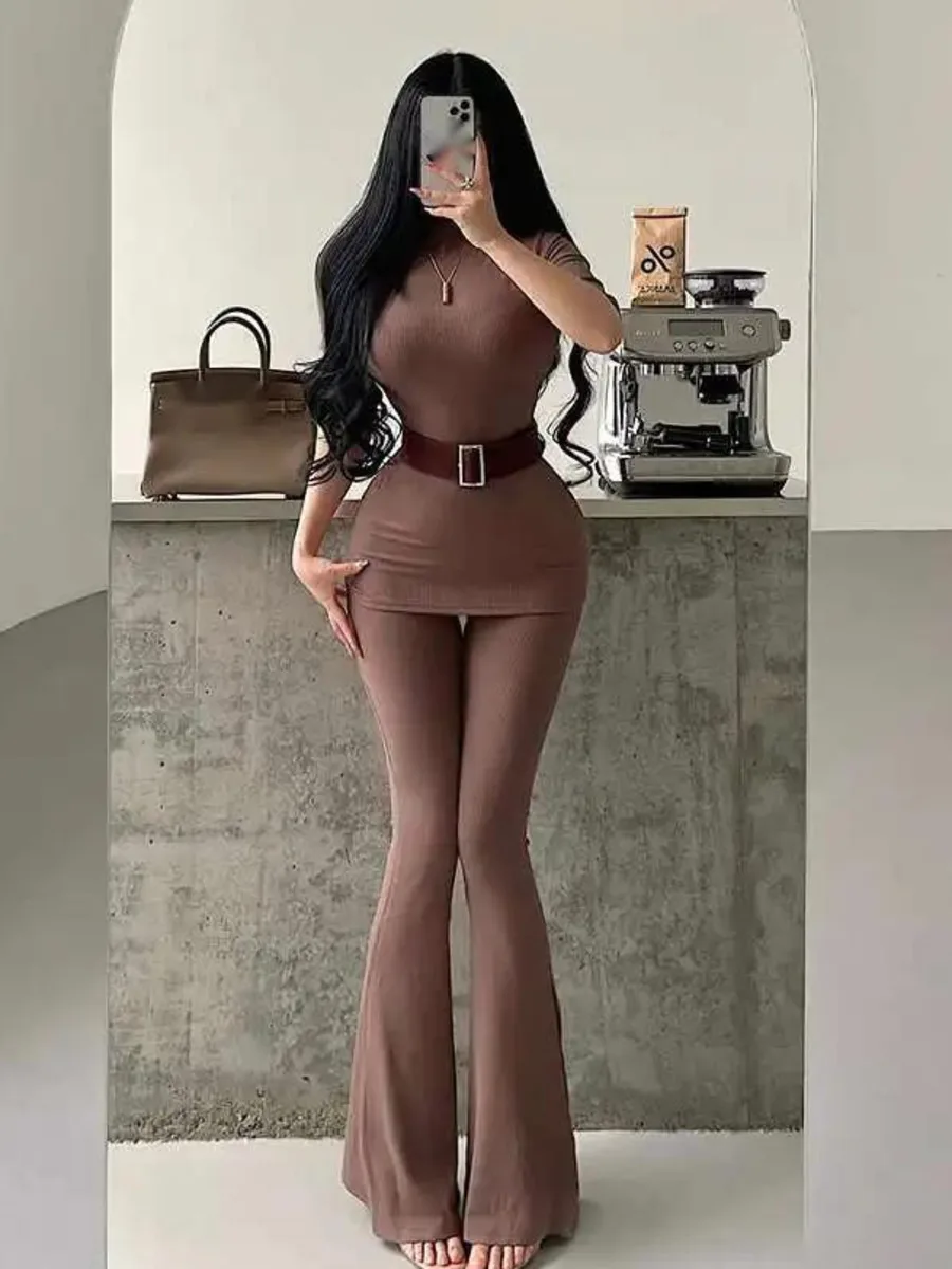 Pure Desire Стиль Футболка с коротким рукавом Высокая талия Micro Pull Повседневные напольные брюки Комплект с поясом Брюки Комплект Модные женские Y1Q9