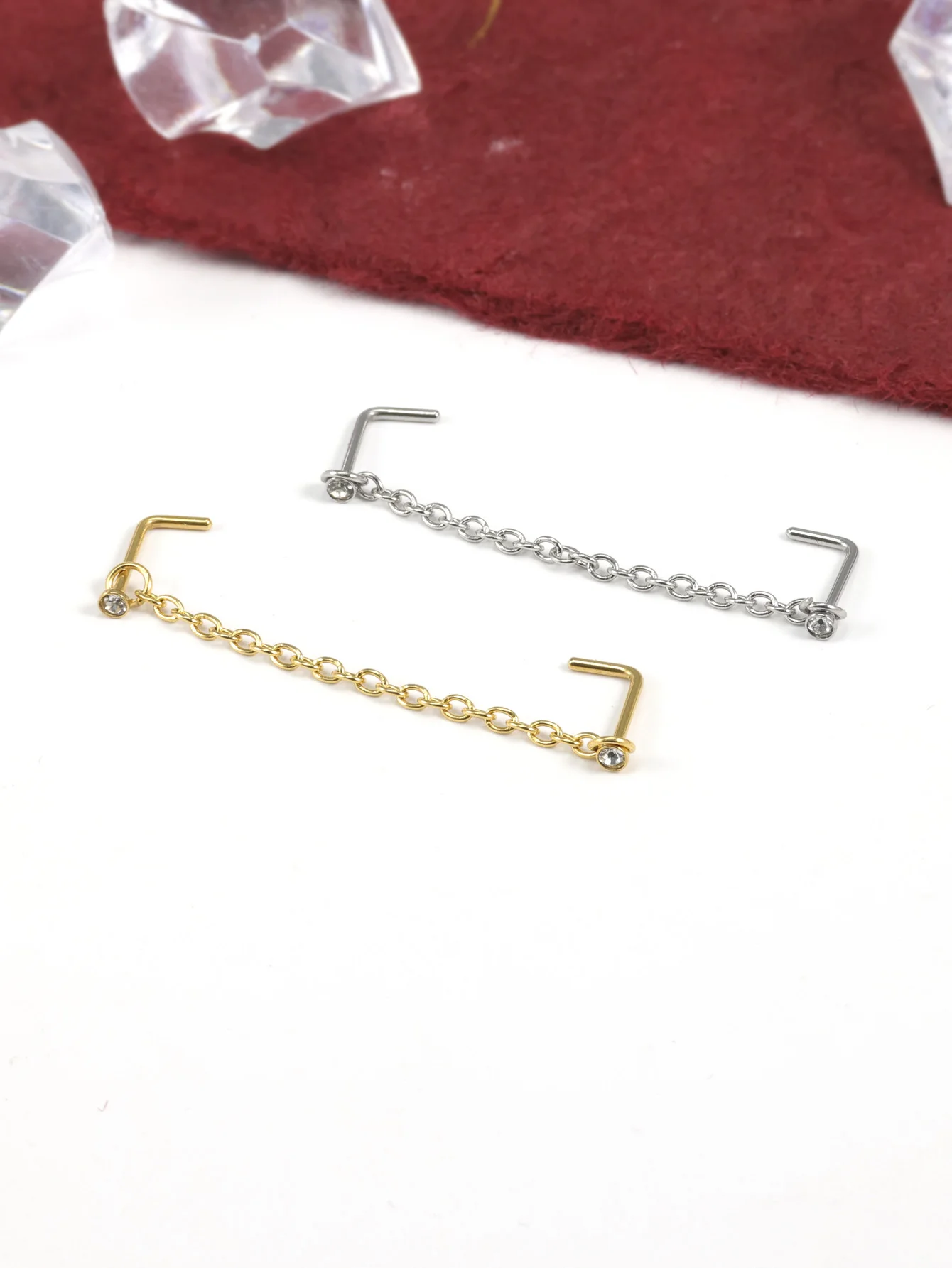 Double Piercing Ring Nose Chain Nostril Zircon Stainless Steel Nose Stud Decoration Earring Piercing Fashion Jewelry
