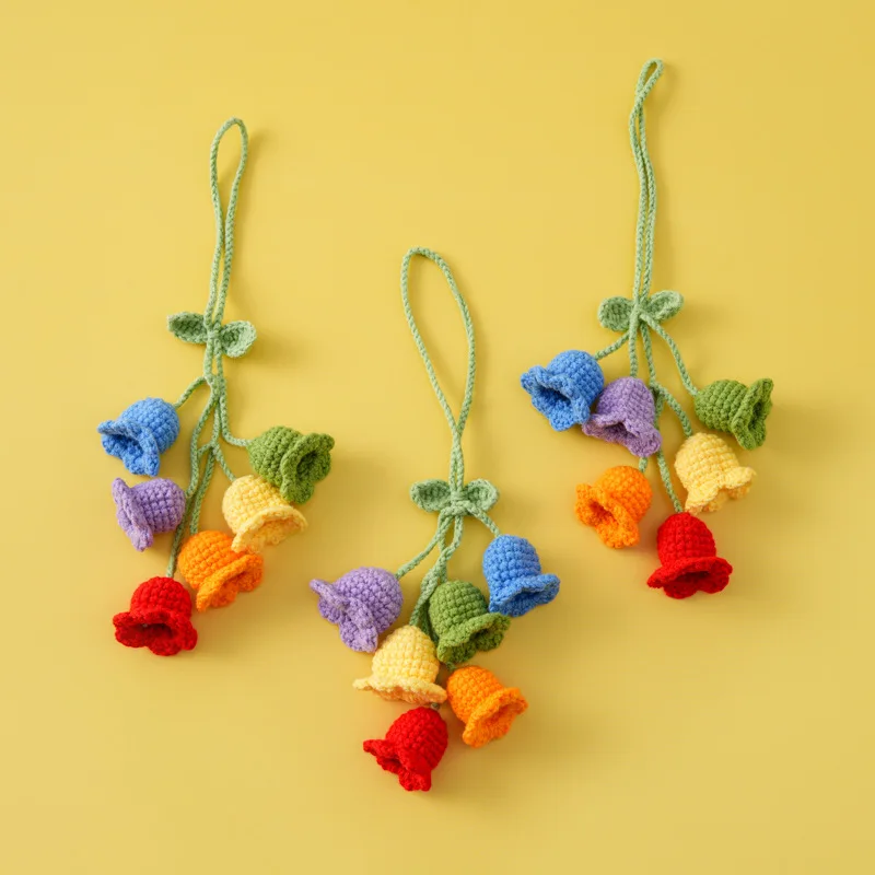 Crochet Rainbow Color Lily Pendant Hook Woven Creative Knitted Bag Decoration Gift  DIY Car Pendant One Leaf With 6 Flowers