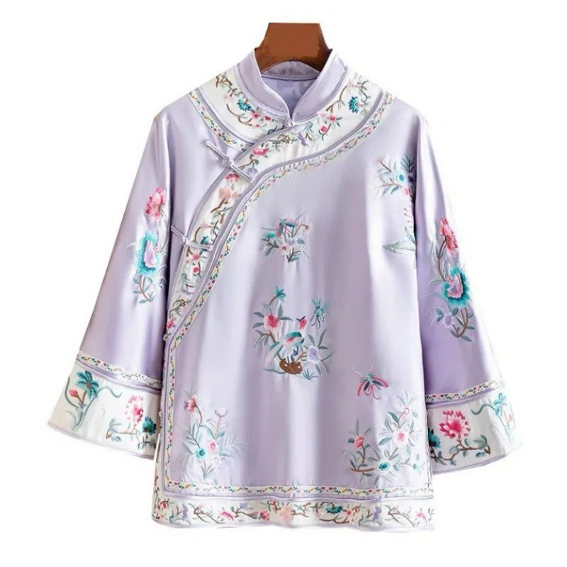New Acetic Acid Embroidery Noble Long-sleeved Traditional Chinese Style Button-up Cheongsam Stand-up Collar Coat Slanted Opening