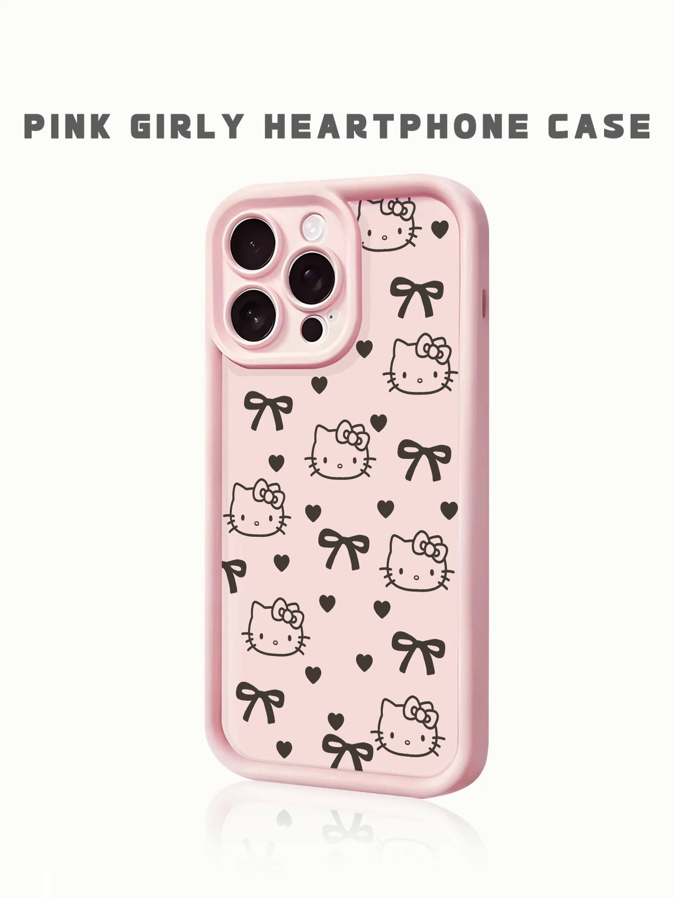 

Minimal Pink Hello Kitty Case with Black Bow and Tiny Heart Allover Print, elegant casual design15/16/17/13/11/14promax/air/12