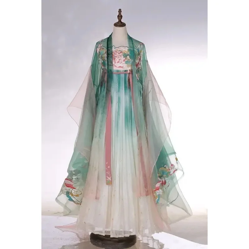 الجديد الأصلي Hanfu الإناث التطريز قميص كبير الأكمام تانغ نمط الصدر تنورة أنيقة الجنية الرجعية Hanfu البدلة