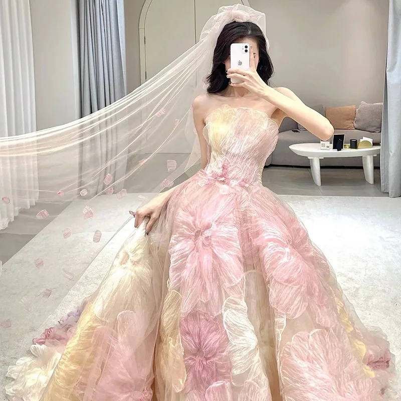 Robe de mariée estampée sans bretelles, simple, fleur colorée, patients, queue de balayage, fête de Rh, robe personnalisée, printemps, 2024