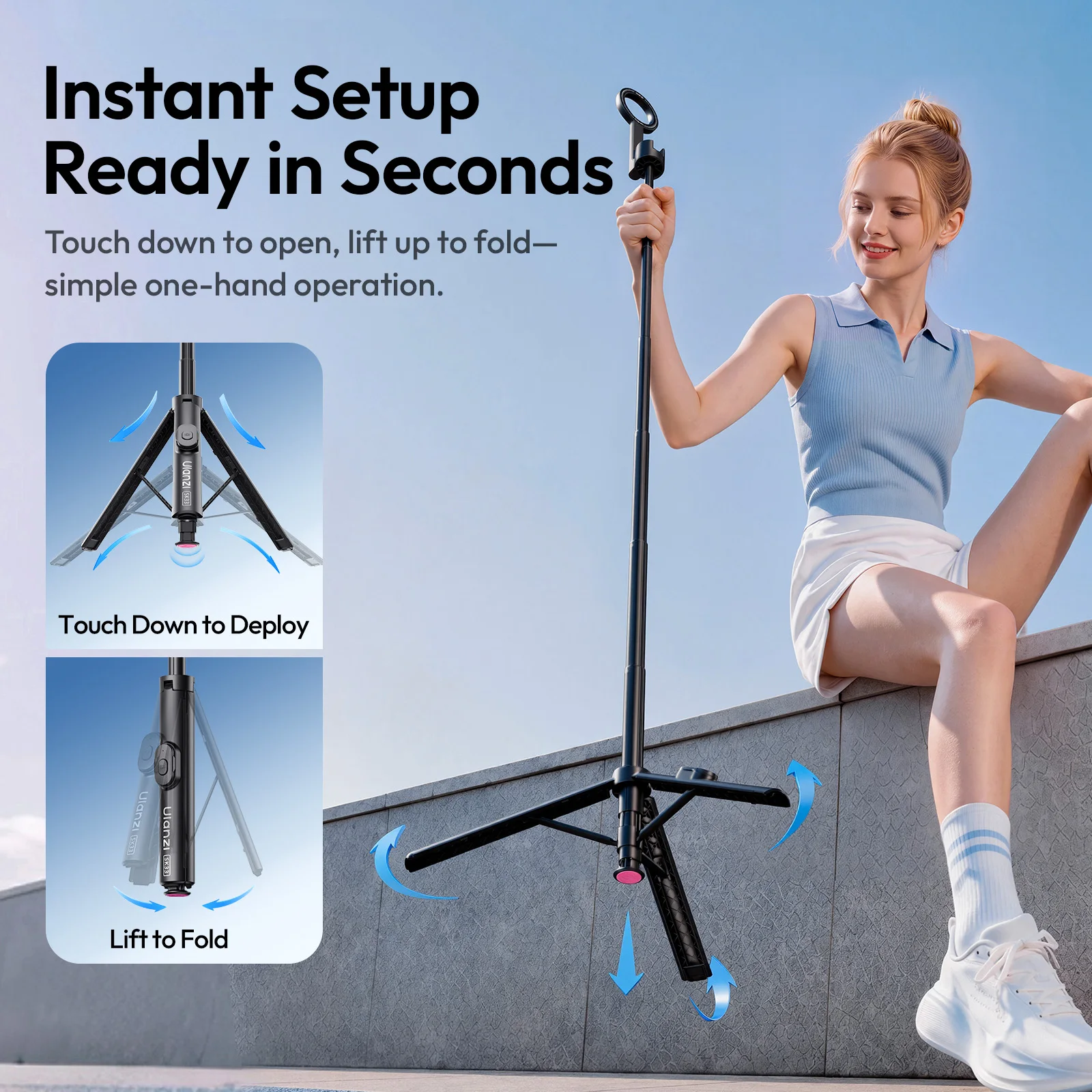 Ulanzi SK33 Auto-Open Magnetic Selfie Stick Ground Tripod for iPhone 18 17 16 15 for Smartphones Portable Tripod for Travel