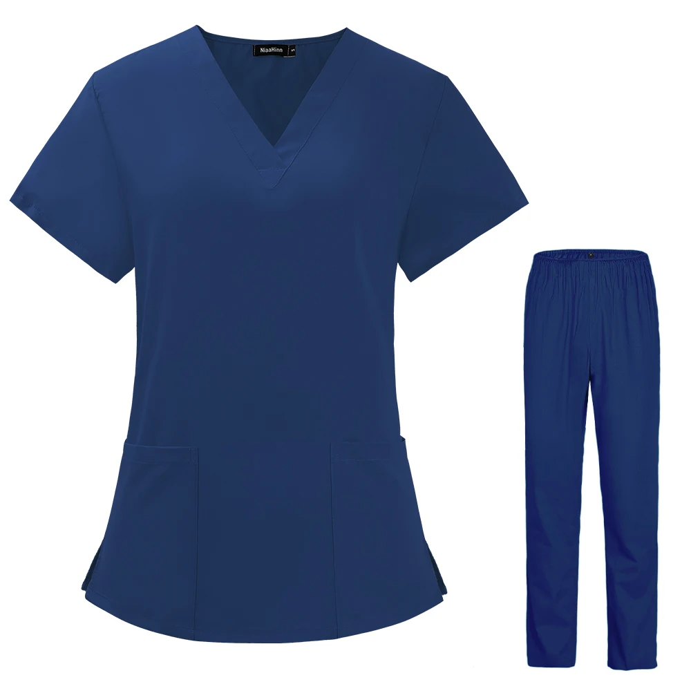 Vrouwen Korte Mouwen V-hals Effen Kleur Verpleging Werk Scrub Uniform Pak Kliniek Verpleegster Uniform Beschermende Kleding Zorg Werknemer lab