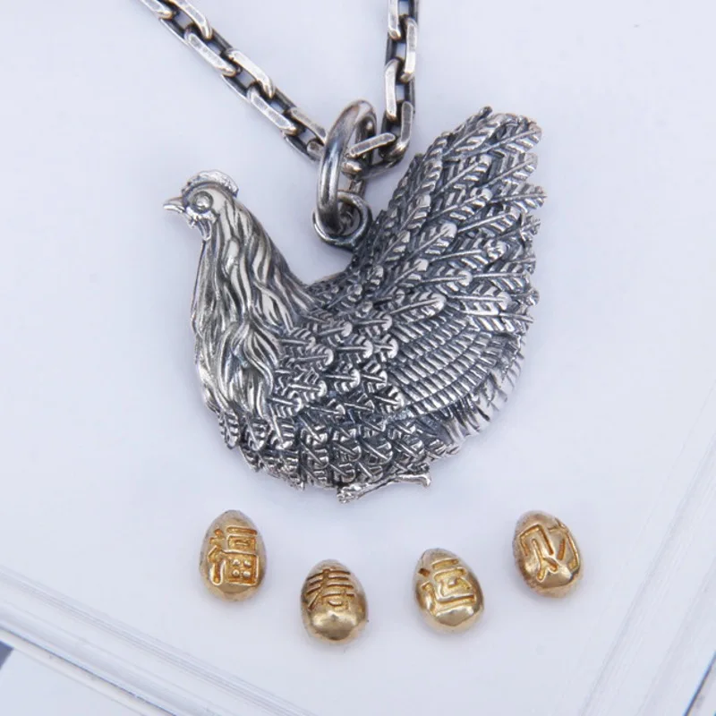 

Real Solid 925 Sterling Silver Men Women Gift Lucky Carved Chicken Egg Box Pendant 14g