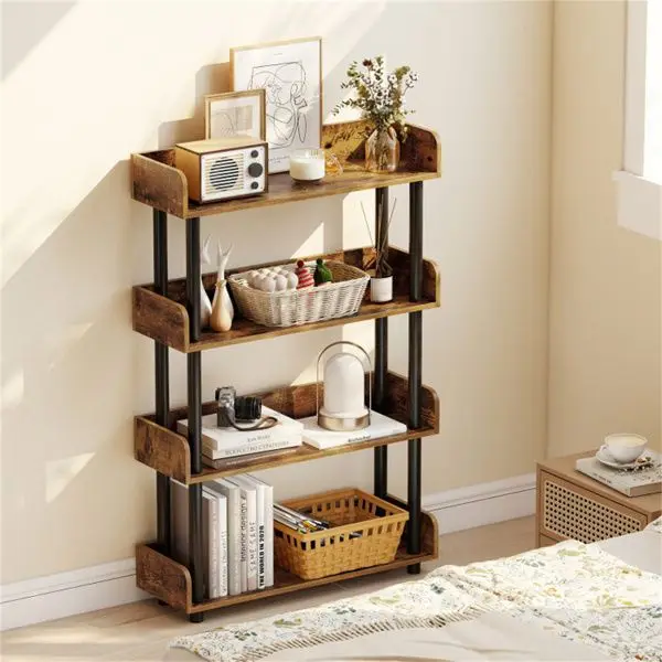 Brown four-layer open bookshelf with tall anti-tip display rack, suitable for home or office use