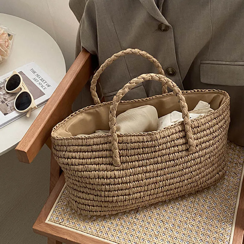 Hylhexyr женская соломенная тканая сумка ручной работы, корзина для овощей, дизайнерская сумка-тоут на шнурке, большая вместительная пляжная сумка на берегу моря