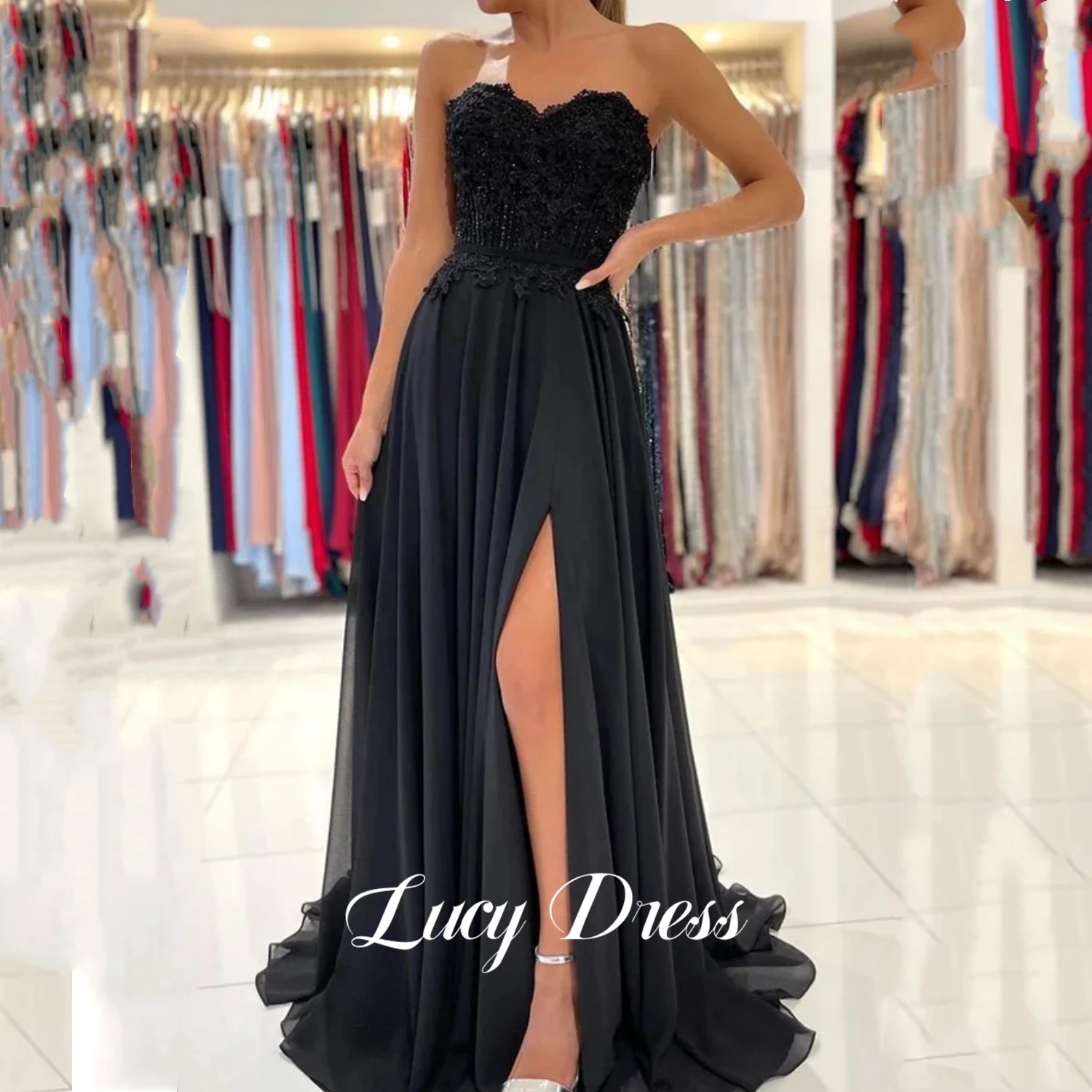 

Lucy Elegant Evening Dresses for Women 2024 Bead Embroidery Strapless Black Line A Applique Long Wedding Party Dress Es Luxury