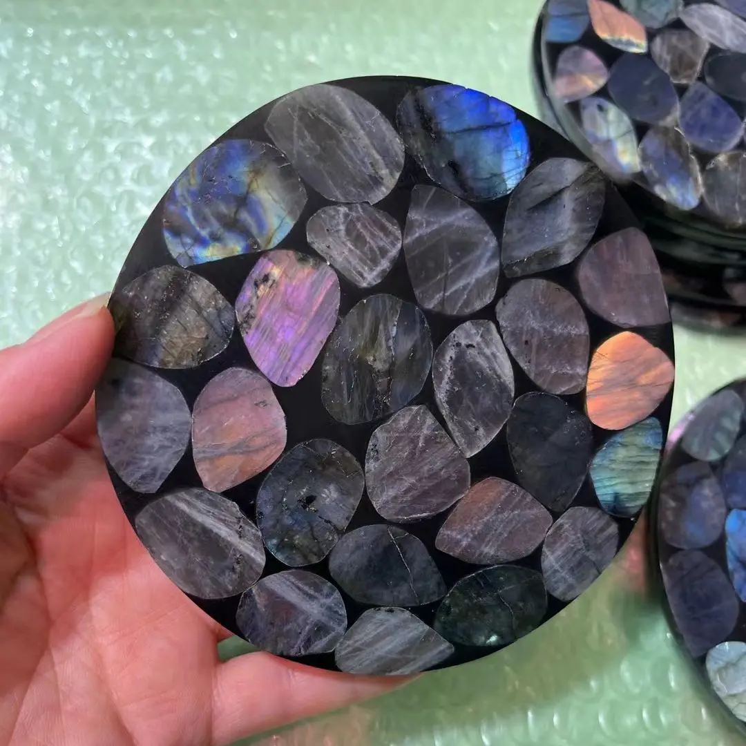 120mm Natural Labradorite Press Into Crystal Reiki Disc Chassis Crafts Healing Stone Items Feng Shui Collection Home Decor Gift