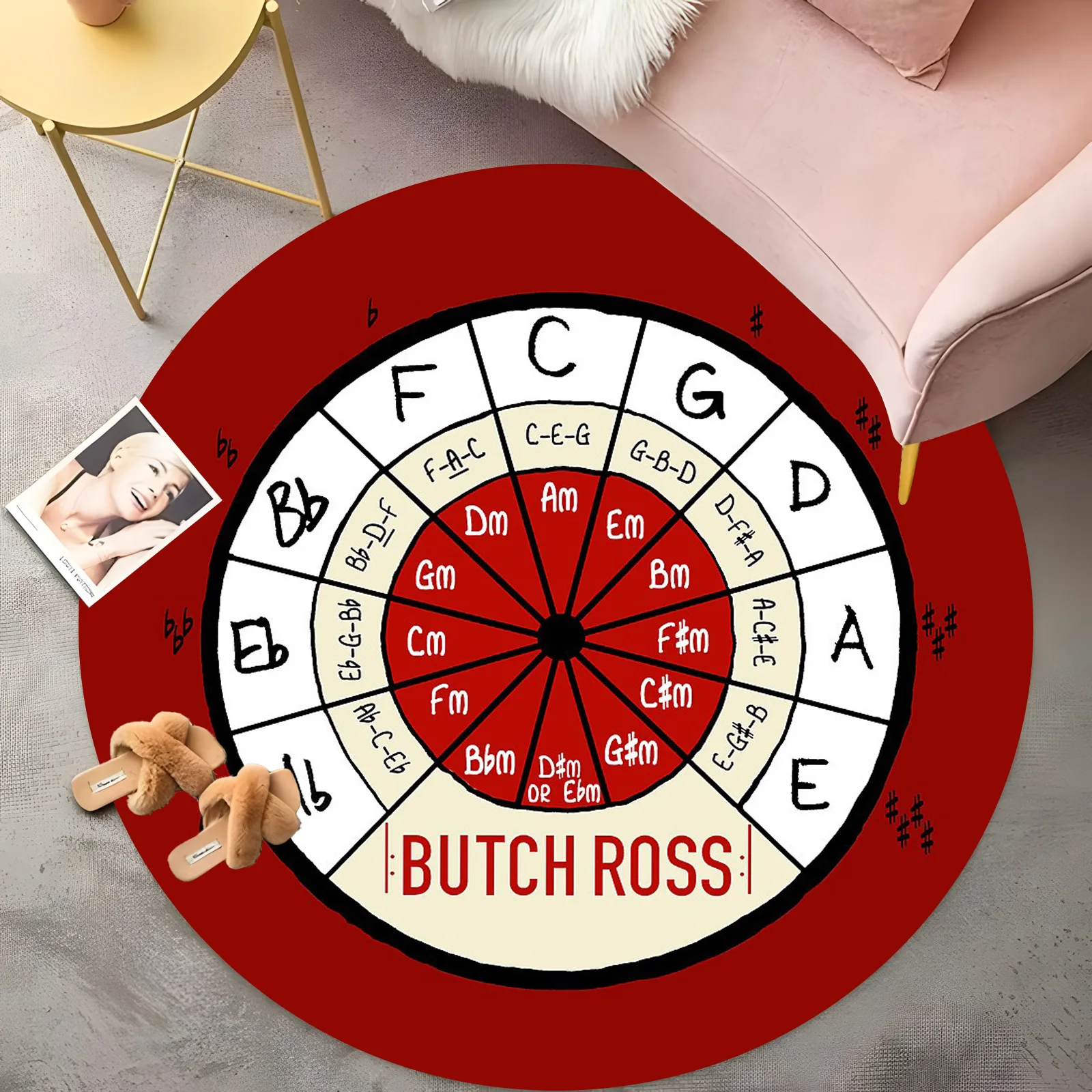 Butch Ross Circle of Fifths Round Rug Guitar Chord Wheel Design with Color-Coded Notes,Musician Home Decor,Non-Slip Practice Mat