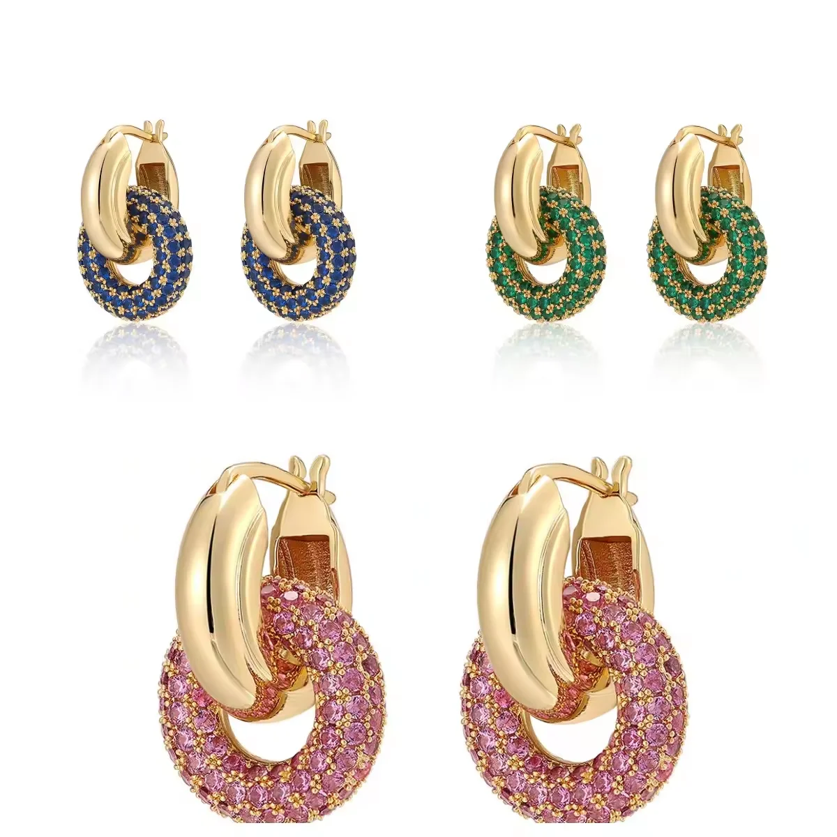 

5 Colors White Green Blue Red Cubic Zirconia CZ Geometric European Women Simple Double Circle Dangle Earring