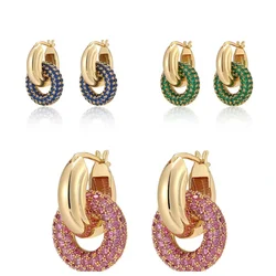 5 Colors White Green Blue Red Cubic Zirconia CZ Geometric European Women Simple Double Circle Dangle Earring