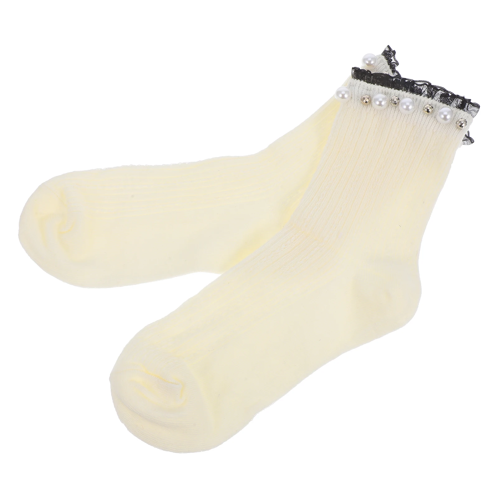 

Pearl Embellished Women Socks Cotton Fringe White Medium Tube Pile Lace Japanese Soft Breathable Elastic Everyday Fashion
