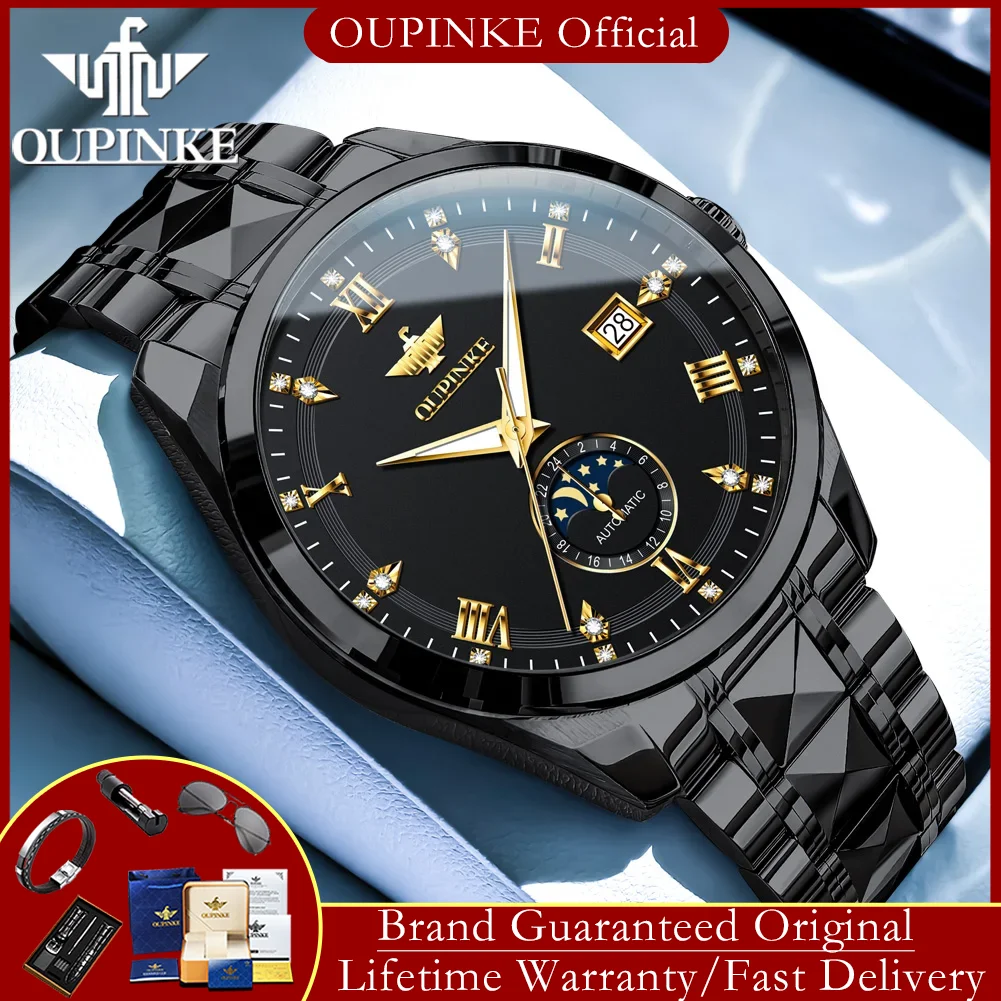 

OUPINKE 3265 Original Men's Watches Luxury Brand Tungsten Steel Moon Phase Waterproof Automatic Mechanical Wrist Watch for Man