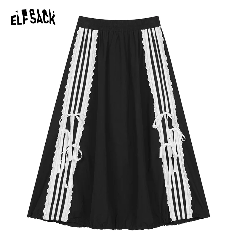 ELFSACK 2024 Summer New Arrivals Lace patchwork high waisted midi skirt for women\'s casual sports mid length skirt