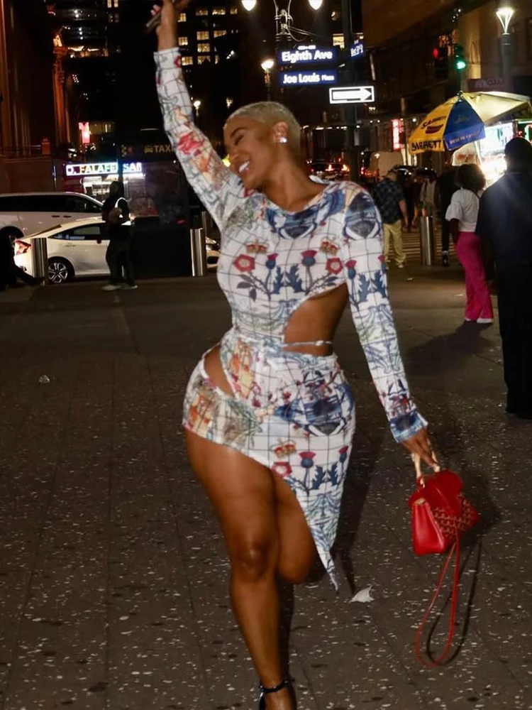 

Weird Puss Y2K прозрачный комплект из 2 предметов, женский сексуальный полый боди на шнуровке с цветами + юбки нестандартной формы, одинаковые уличные наряды