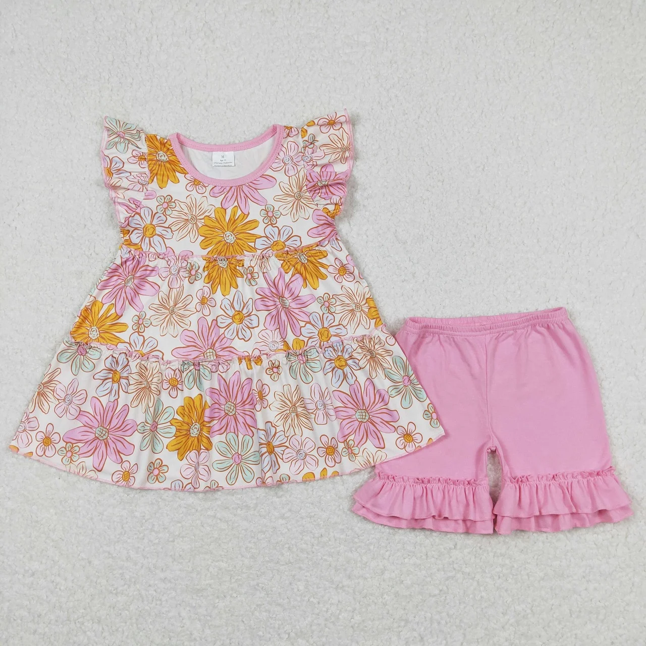 

Wholesale Children Summer Infant Flower Outfit Toddler Flutter Sleeves Tunic Tops Kids Pink Ruffle Shorts Baby Girl Floral Set