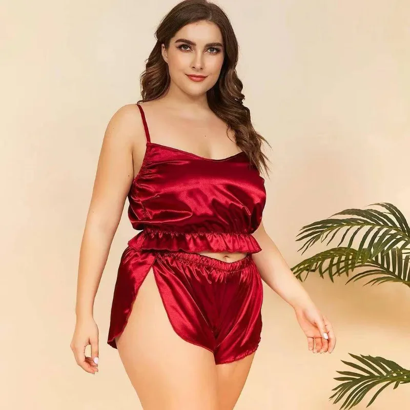 Plus Size damskie piżamy zestaw na ramiączka i szorty bielizna nocna jednokolorowe jedwabne satynowe Spaghetti odzież domowa bielizna damska nocna