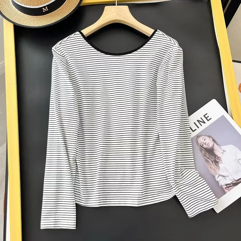 Maxdutti Summer British Casual Striped  Women T-Shirt Female Fashion Ladies Round Neck Pure Cotton Top