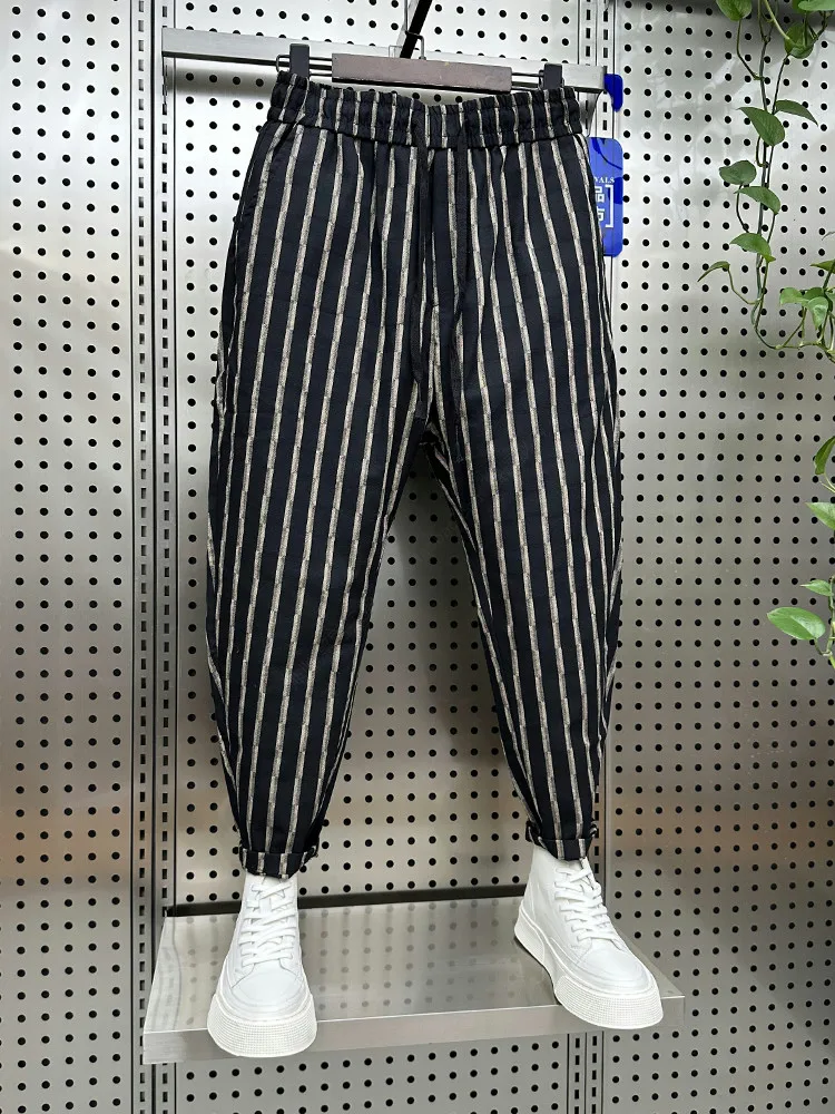 Summer New Fashion Trend Striped Slim Casual Pants Men Cotton Linen Breathable Comfortable Loose Youth Popular Nine-point Pants