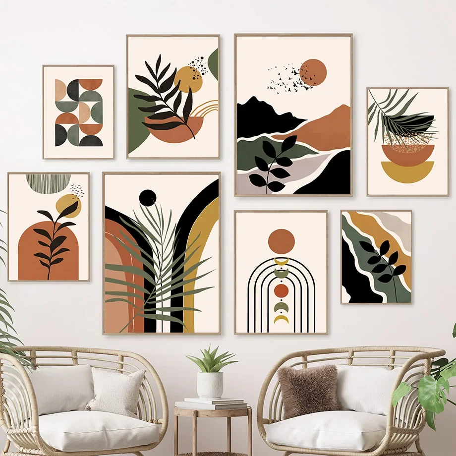(No frame)Cuadros de arte de pared nórdico con geometría de líneas solares y paisajes, impresiones en lienzo para sala de est