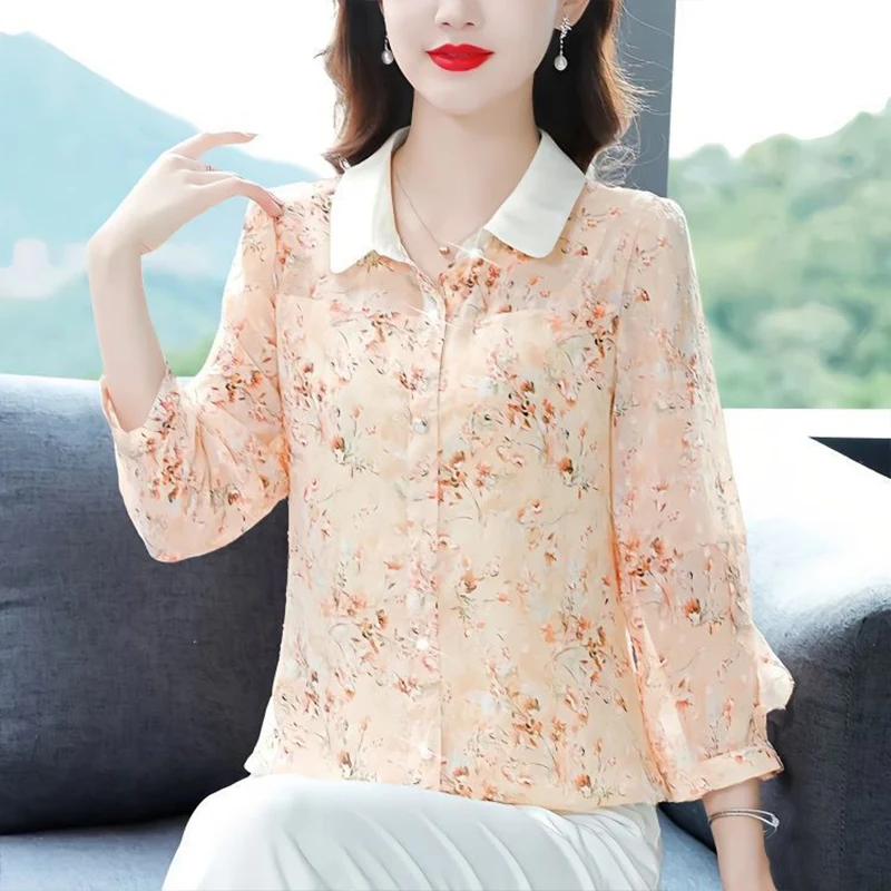 Summer Fashion Elegant Floral Printing Long Sleeve Chiffon Shirt Ladies Temperament Single Breasted Blouse Female Cardigan Top