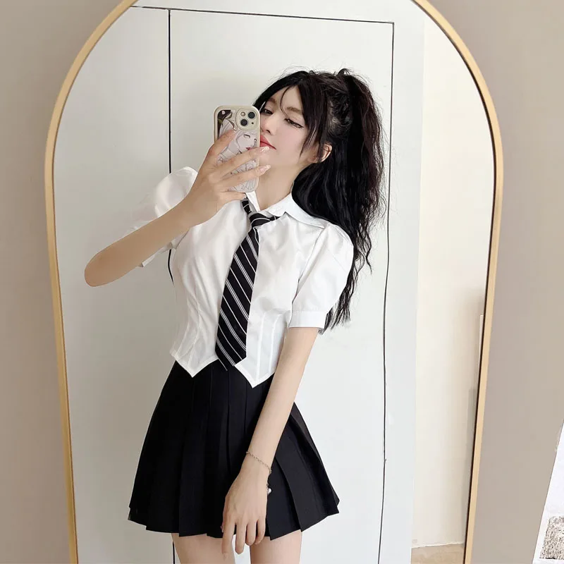 Estate New Sle College Wind Bubble Sve Vita stretta Bianco ort Sve irt Gonna a pieghe da donna Anti invecchiamento Due...